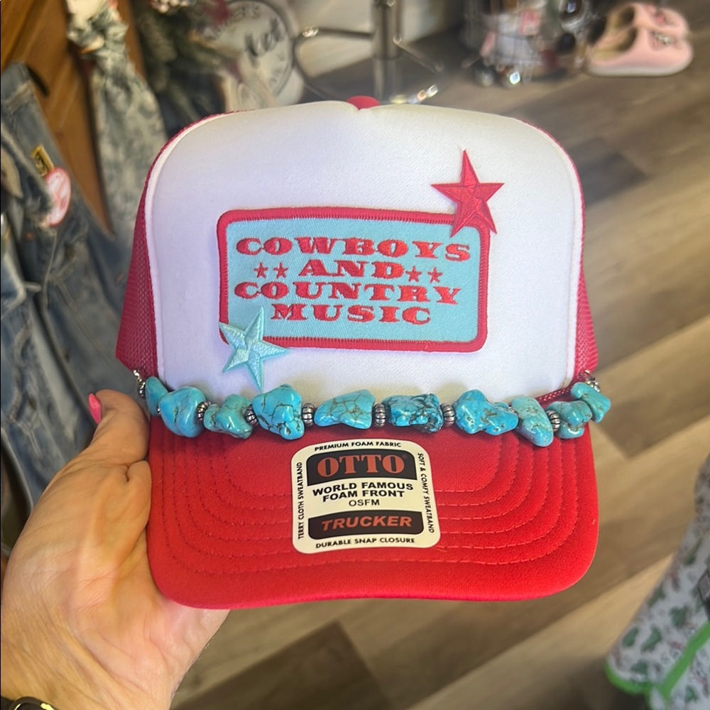 OTTO Red and White Trucker Hat with Blue Accents